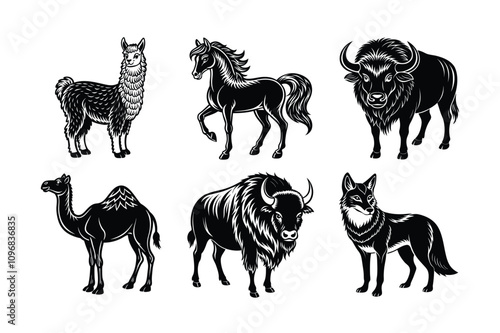 Set of animal's vectors silhouette Coyote Bison Buffalo Horse Alpaca Camel