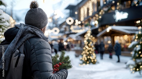 In a snow-lined festive market, a person holds a bundle of holiday greenery, enhancing the magical winter vibe with twinkling lights and cozy atmosphere. photo