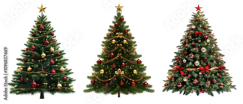 Set of decorated Christmas tree isolated on transparent background 
