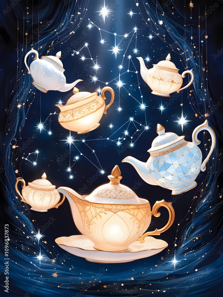 Celestial teapots illuminate the night sky in a whimsical display of elegance and charm Celestial teapots illuminate the night sky in a whimsical display of elegance and charm