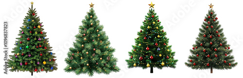 Set of decorated Christmas tree isolated on transparent background 
