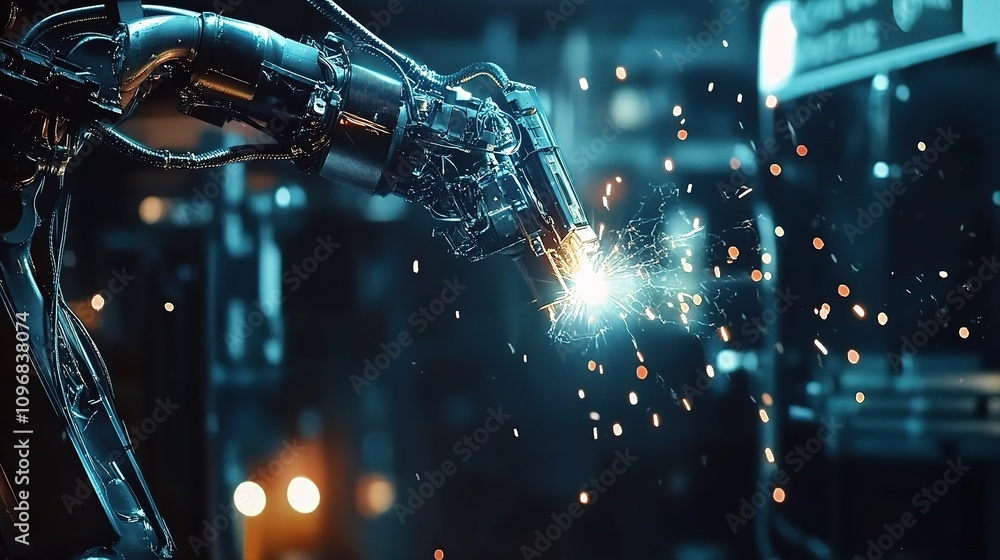 Advanced Robotic Arm System in Action for Seamless Welding Operations with Sparks Emitting in a High-Tech Environment Advanced Robotic Arm System in Action for Seamless Welding Operations with Sparks Emitting in a High-Tech Environment