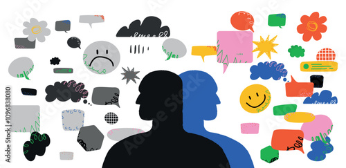 Two human silhouettes unfolded in different directions, in front of one gray sad objects, in front of the second bright emotions and speech bubbles. A metaphor for pessimism and optimism.