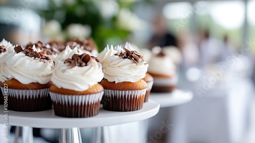 Variety of cupcakes beautifully adorned with creamy frosting and chocolate shavings are placed aesthetically on a pristine white stand, exuding warmth and charm. photo