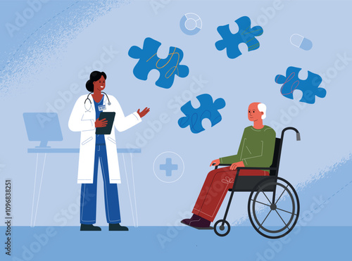 An attentive doctor conducts a test with an elderly patient for cognitive functions. The concept of prevention of Alzheimer's disease.