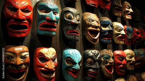 Colorful wooden masks on display.