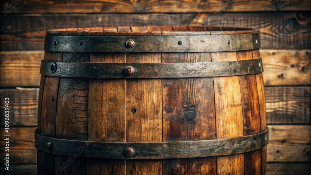 A weathered wooden barrel with metal bands, showcasing the craftsmanship and rustic charm of vintage storage A weathered wooden barrel with metal bands, showcasing the craftsmanship and rustic charm of vintage storage