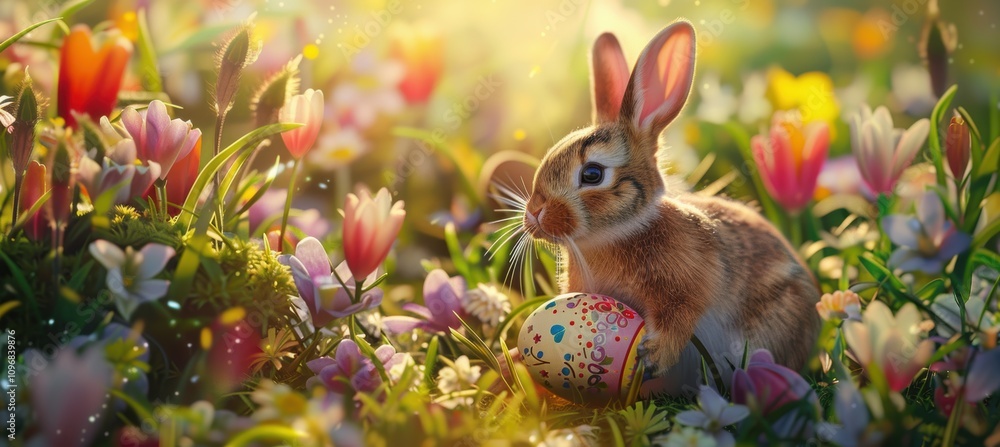 Easter Bunny with Decorated Egg in Sunlit Garden - Perfect for Spring and Holiday Design Easter Bunny with Decorated Egg in Sunlit Garden - Perfect for Spring and Holiday Design