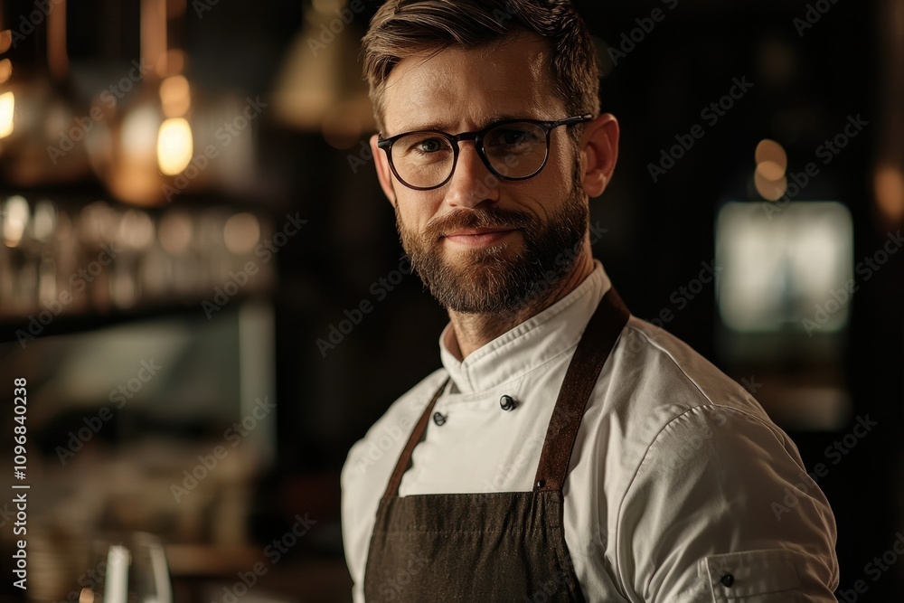 Fototapeta premium A man with a beard and glasses stands in front of a counter with apron on