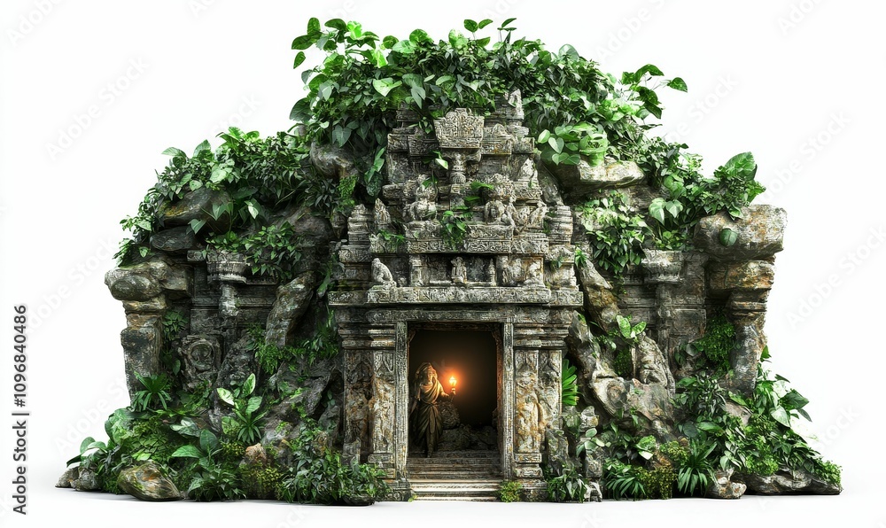 Overgrown stone temple, hidden entrance, jungle foliage. Overgrown stone temple, hidden entrance, jungle foliage.