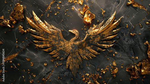 emblem of a golden bird, a swan with open wings on a black marble background