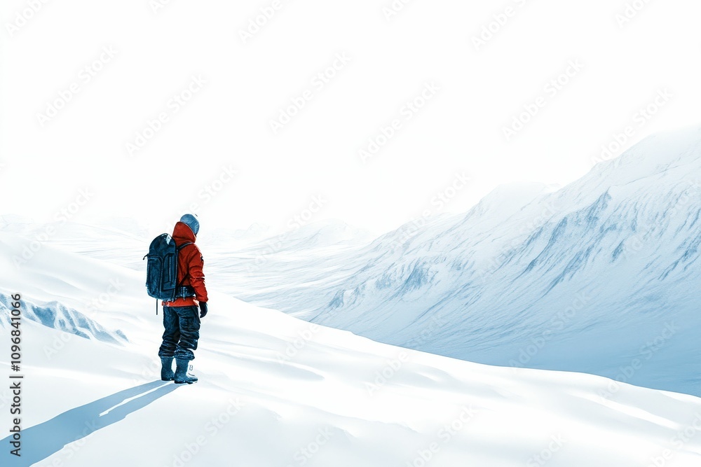 Solo hiker in red jacket admires snowy mountains. Solo hiker in red jacket admires snowy mountains.