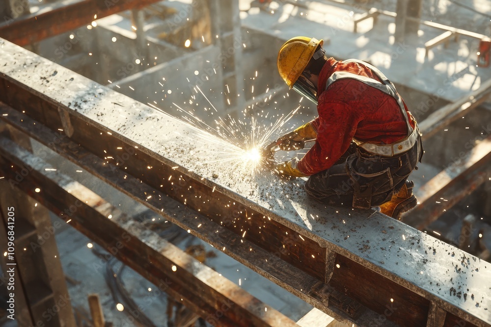 A man in a red and yellow outfit is working on a construction site
