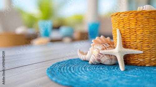 A vibrant setup with marine elements like a starfish and seashells, paired with a yellow woven basket on a blue rug, evoking a sense of summer joy. photo