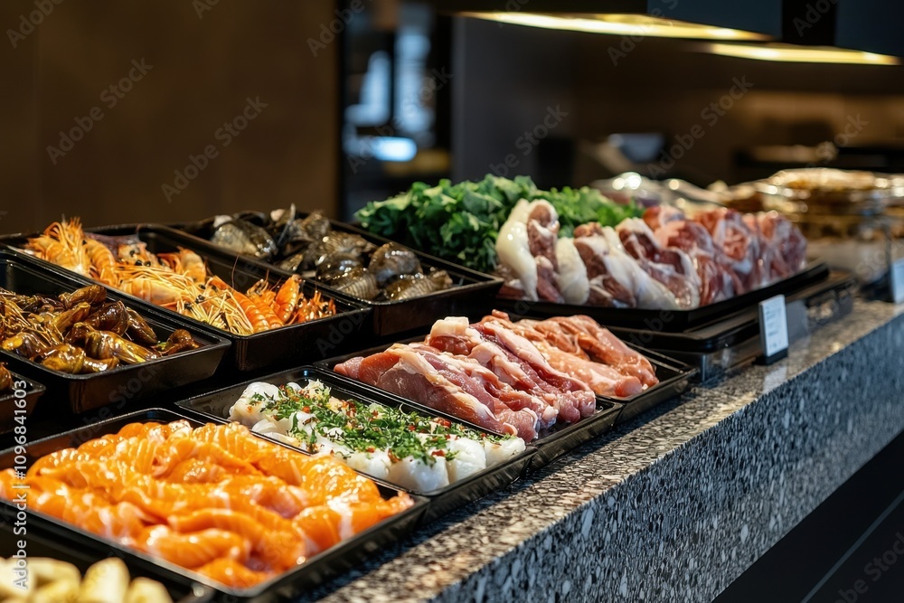 Obraz premium A variety of seafood and meat are displayed on a counter