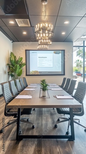 Modern conference room with a long table, chairs, and a presentation screen.