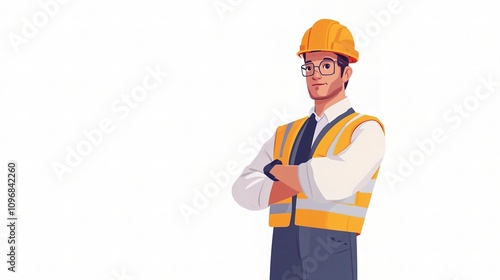 Confident Male Engineer in Safety Gear Posing Proudly in Front of Project