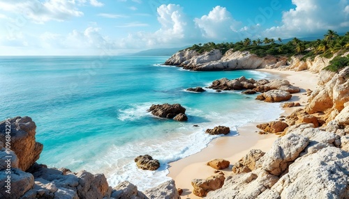 Beachscape with turquoise waves lapping at golden sands, under a vast blue sky