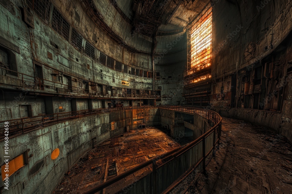 A large, empty room with a stained glass window A large, empty room with a stained glass window
