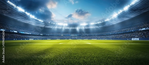 A large football stadium with stands full of fans, with grass on the field and bright lights shining down from above. 