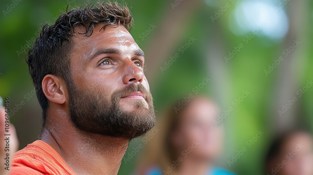 A thoughtful man gazes upwards amidst a lush background, capturing a moment of admiration and reflection, surrounded by tranquility and natural beauty. A thoughtful man gazes upwards amidst a lush background, capturing a moment of admiration and reflection, surrounded by tranquility and natural beauty.