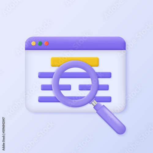 3D Web browser window with magnifying glass icon. 3D design of web searching concept Internet request. Vector illustration.