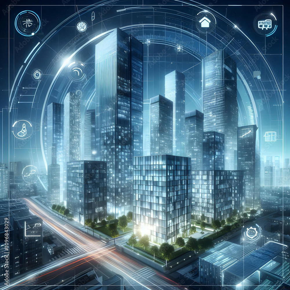 Obraz premium Smart building with energy efficient systems concept as A futuristic glossy background of a smart building with visible energy efficient systems and sustainable architecture. in Photo Stock Concept 