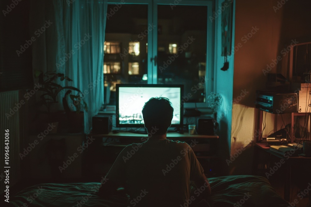 A man is sitting on a bed in a dimly lit room, watching television A man is sitting on a bed in a dimly lit room, watching television