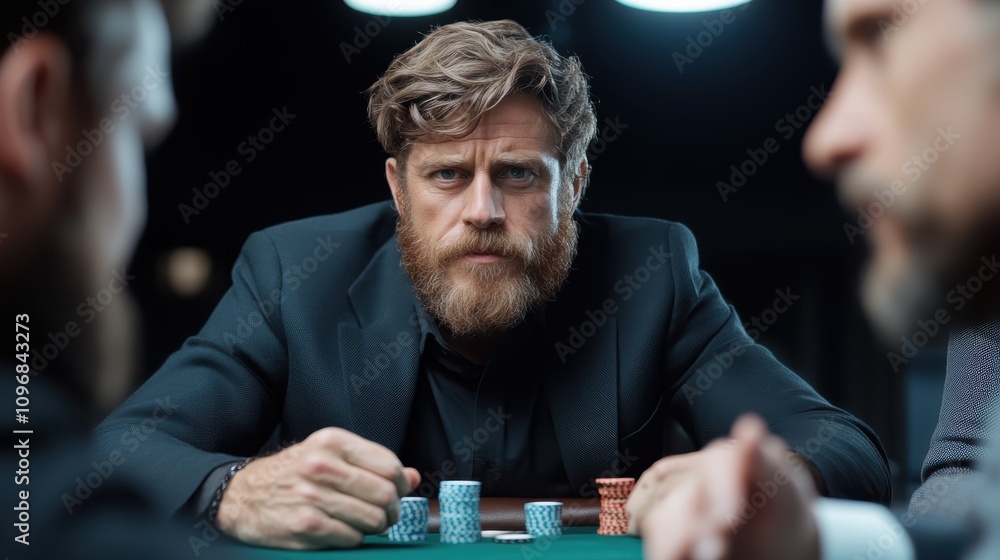 An intense game of poker unfolds as a bearded player commands attention at the table, his concentrated demeanor reflecting determination and strategic thinking. An intense game of poker unfolds as a bearded player commands attention at the table, his concentrated demeanor reflecting determination and strategic thinking.
