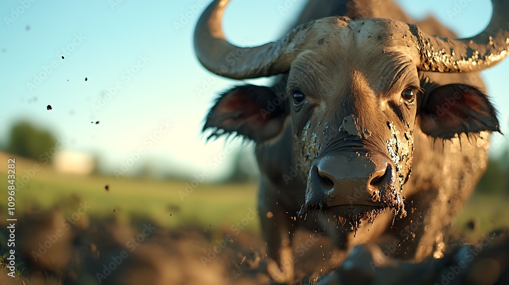 A close-up of a black water buffalo standing in a pond with its herd in the background. A close-up of a black water buffalo standing in a pond with its herd in the background.