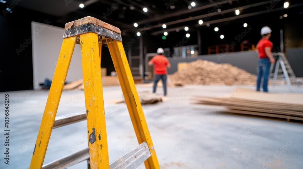 Fototapeta premium A construction site with two workers wearing safety helmets and bright red shirts working diligently among materials and ladders inside a large indoor area.