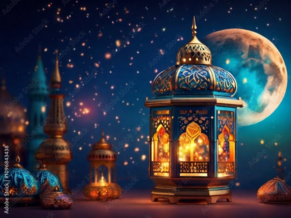 Fototapeta premium Realistic Eid mubarak Islamic festival beautiful greeting design background And Islamic style lantern 