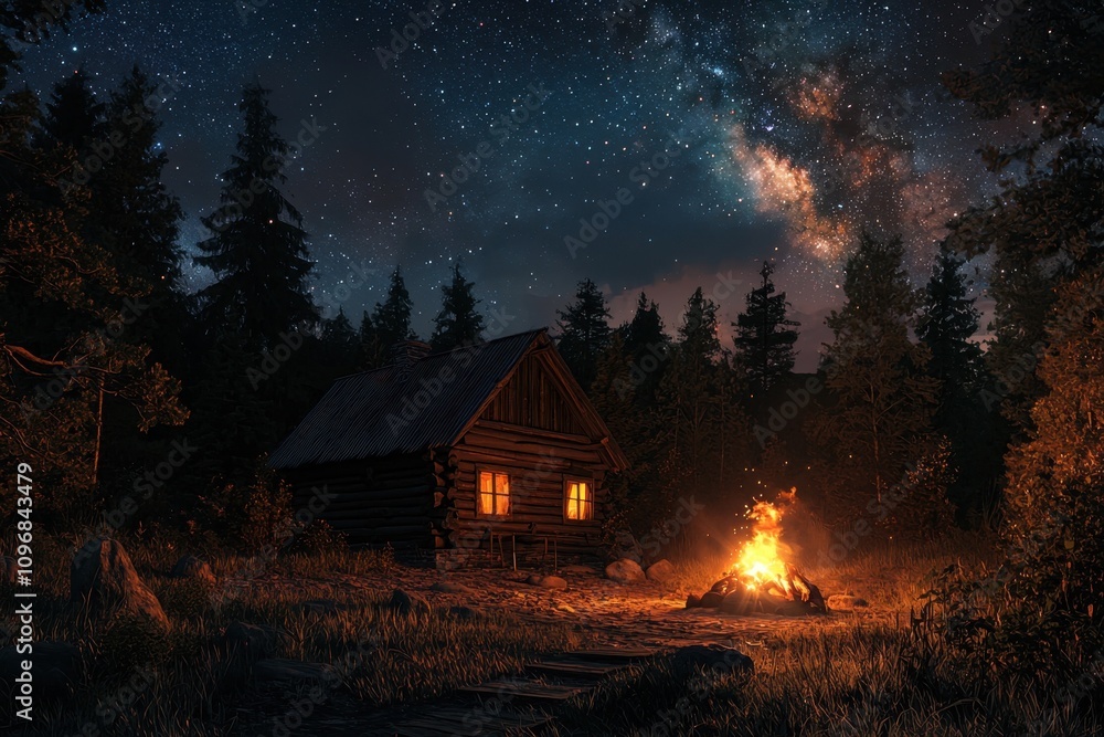 A cabin in the woods with a fire burning in front of it A cabin in the woods with a fire burning in front of it