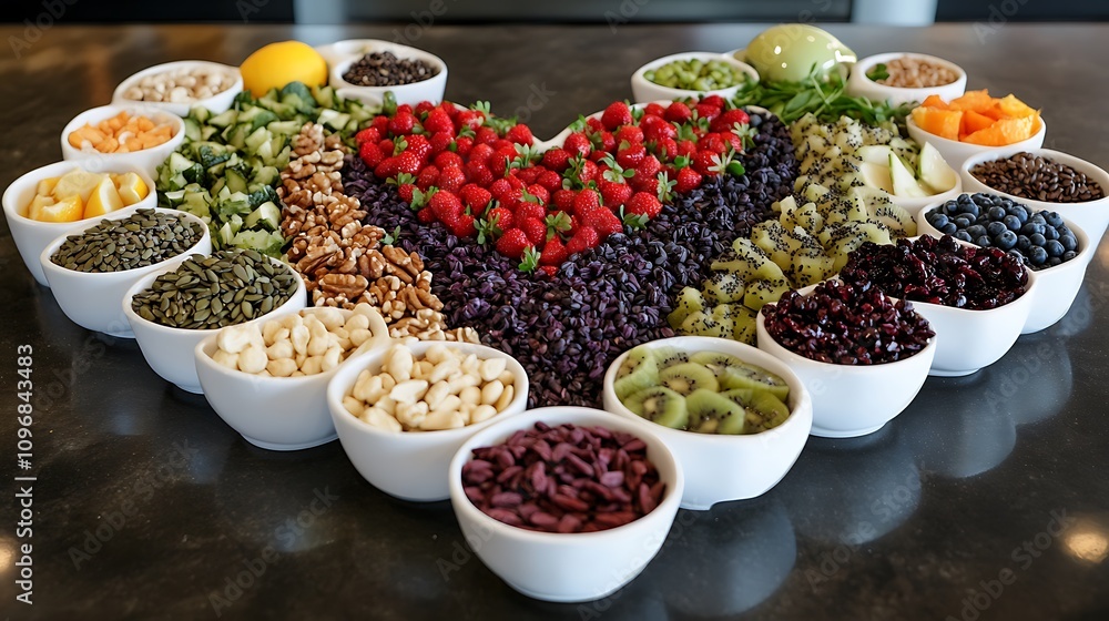 A heart shaped table with white bowls filled with vegetables A heart shaped table with white bowls filled with vegetables