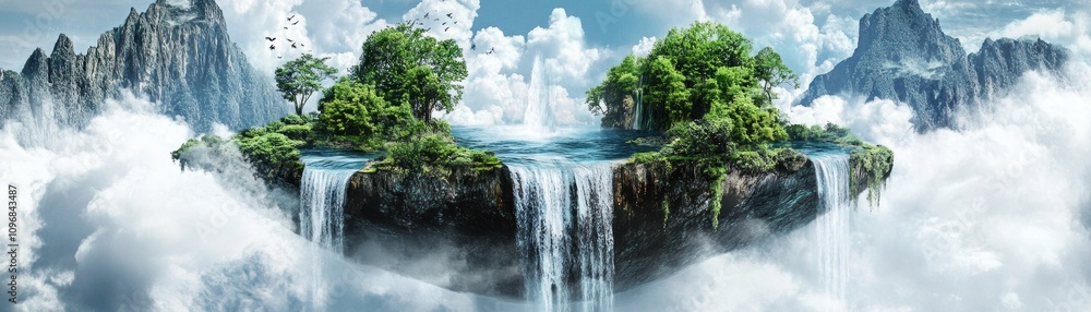 Fototapeta premium A surreal floating island with waterfalls and lush greenery amidst clouds and mountains.