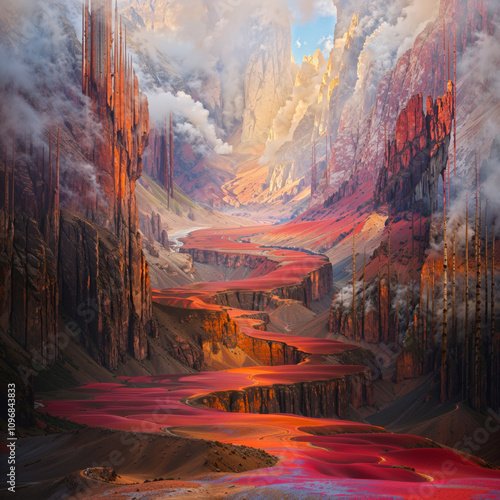 Surreal canyon landscape with vivid red riverbed and towering rocky spires surrounded by mist