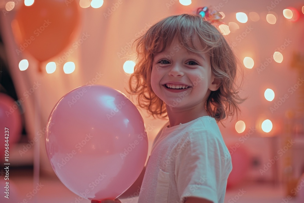 Fototapeta premium A young girl is holding a pink balloon and smiling