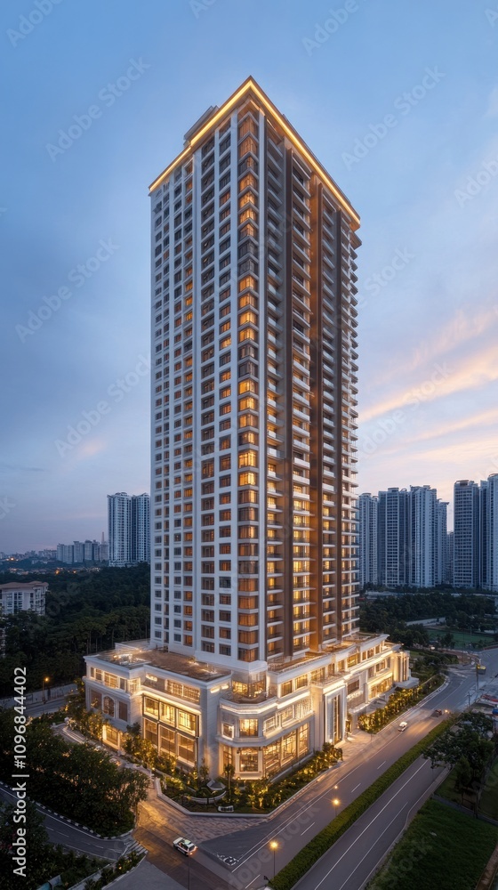 Fototapeta premium A tall residential building illuminated at dusk, showcasing modern architecture and urban design.