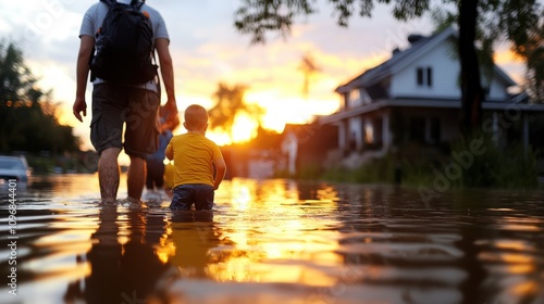 A father and child make their way through a flooded street at sunset, evoking themes of protection and guidance amidst the challenges of natural disasters in urban areas. photo