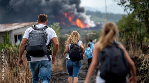 Several people with backpacks are fleeing from a volcanic eruption, an urgent and dramatic imagery showcasing human survival instincts amidst natural disaster chaos. photo