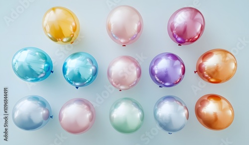 Vibrant balloons in various colors, arranged on a clean white background for an elegant and festive composition. The balloons add color to the scene with their shiny metallic 