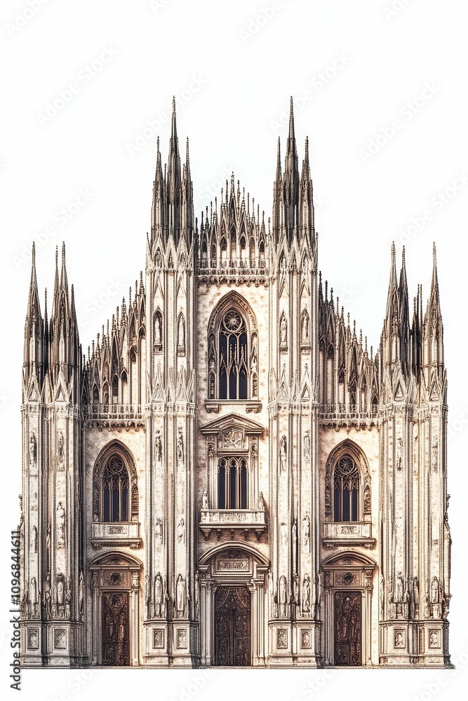 Fototapeta premium Gothic cathedral facade, intricate details, tall spires.