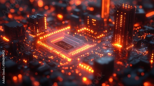 Cyberpunk Cityscape: A Digital Metropolis Glowing in Fiery Hues