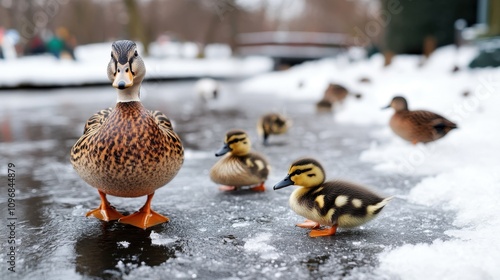 A close-up view of a vigilant mother duck standing protectively on a partially frozen icy surface with her ducklings, symbolizing care and attentiveness in nature. photo