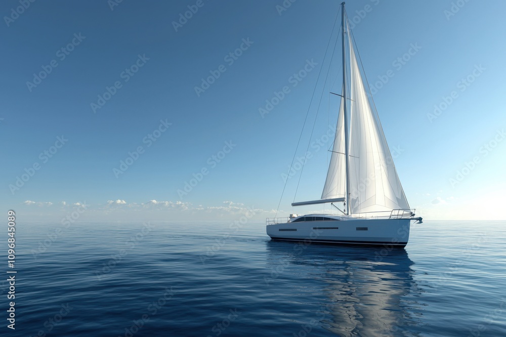 A sailboat is floating on the ocean with a clear blue sky in the background A sailboat is floating on the ocean with a clear blue sky in the background