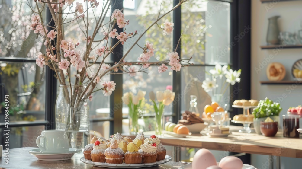 Fototapeta premium Modern Easter Brunch Setup with Gourmet Pastries and Decorated Eggs in a Sunlit Cafe