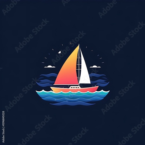 Minimal colorful logo-boat sailing in the ocean isolated on white background photo