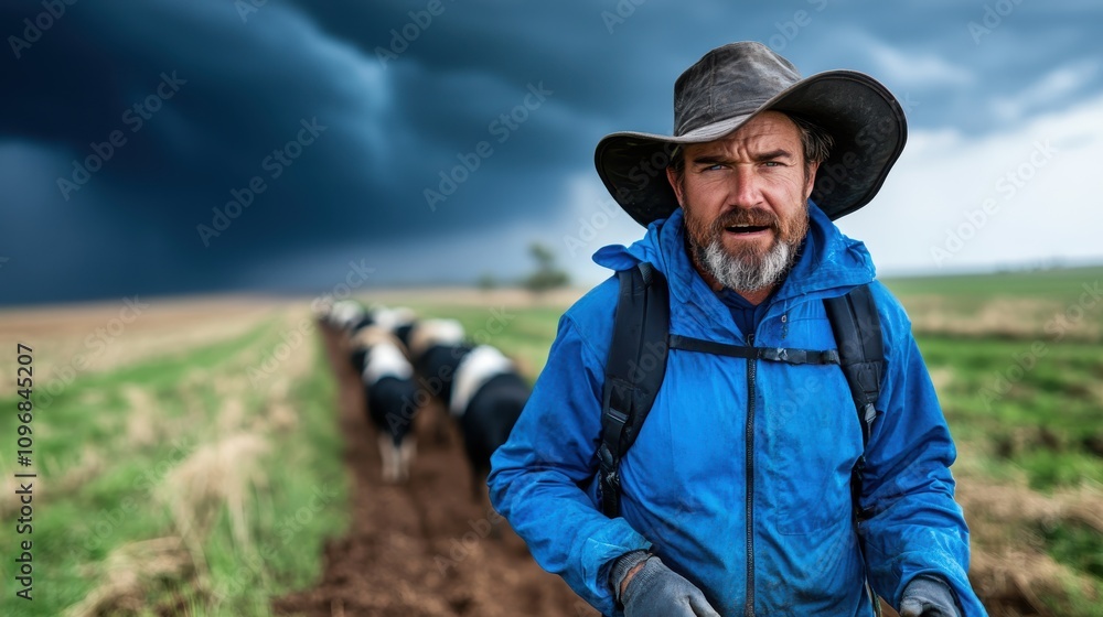 A farmer in a rugged blue jacket stands resolutely facing a fierce storm with cattle in the background, showcasing resilience and determination in the face of adversity. A farmer in a rugged blue jacket stands resolutely facing a fierce storm with cattle in the background, showcasing resilience and determination in the face of adversity.