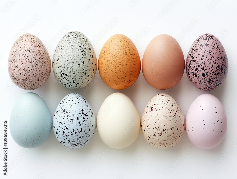 A Collection of Diverse Eggs Displaying Unique Colors and Patterns Arranged Neatly on a White Background for Creative Projects and Culinary Inspirations A Collection of Diverse Eggs Displaying Unique Colors and Patterns Arranged Neatly on a White Background for Creative Projects and Culinary Inspirations