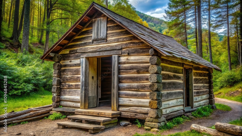 A rustic log cabin nestled amidst a verdant forest, with a weathered wooden door leading into the unknown, a picturesque scene of nature's tranquility A rustic log cabin nestled amidst a verdant forest, with a weathered wooden door leading into the unknown, a picturesque scene of nature's tranquility